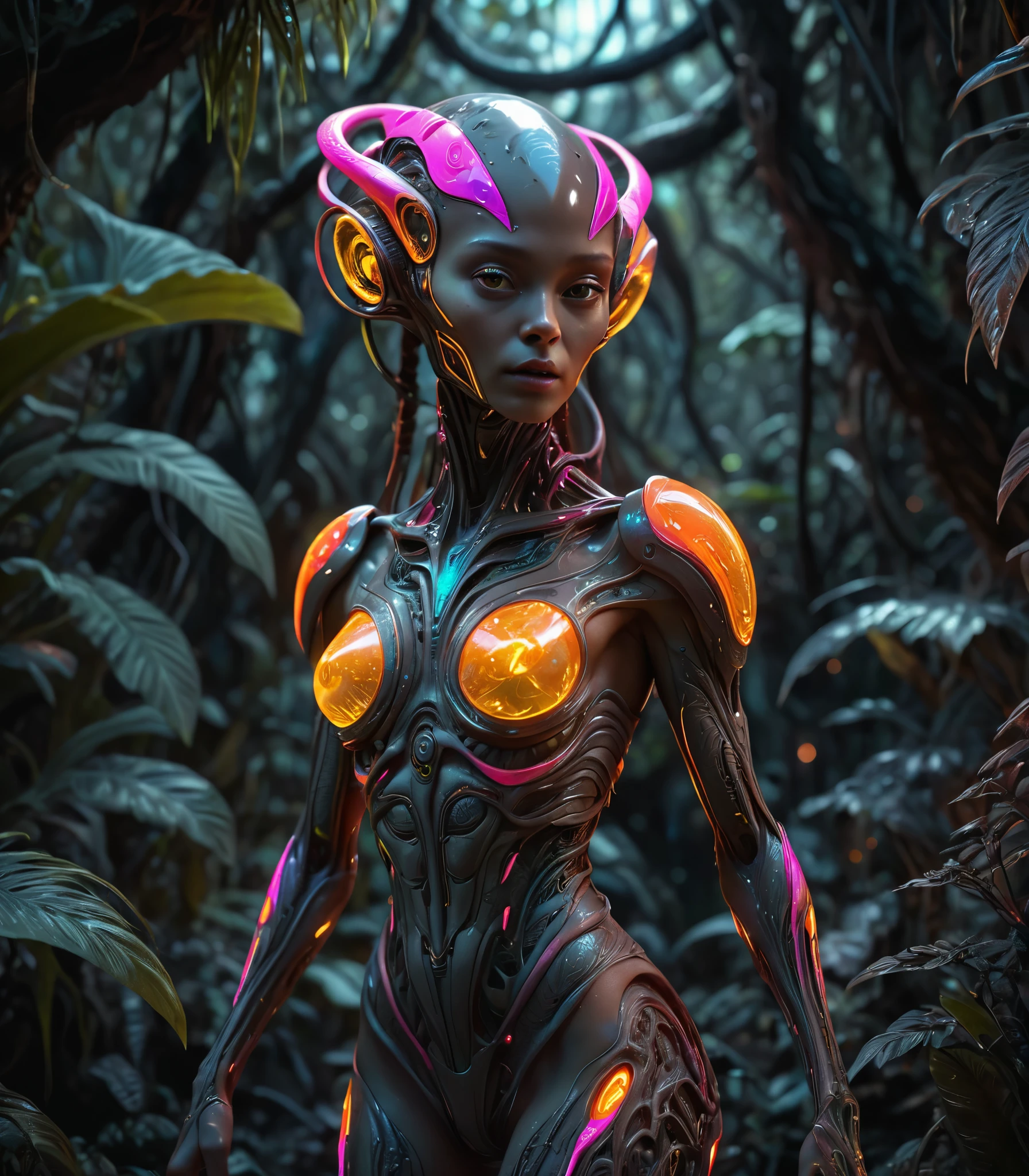 Silent photo titled "Female futuristic alien creature in light neon lava colors in the jungle"  Dark tones,(author：Ivan Albright:1.2), dark color, detailed, 8k, Ultra HD, 8k, Unreal Engine 5, Ultra-clear focus, Intricate work of art, inauspicious, Golden Ratio, Very detailed, Energetic, production cinematic character render, Ultra high quality model, Cosmic light behind