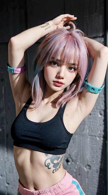 Best quality, masterpiece, super high resolution, multicolored hair (((blue and pink hair))), long hair, two moles under the eyes, gradient eyes, eyeballs, shyness, smile, evil, off-the-shoulder, character setting, chubby, plump body, showing armpit, arms up, spread legs, UHD, award-winning, bust, colourful hair, thin black tanktop, yoga shorts, ((blunt bangs)), (((blue eyes))), really beautiful face, super beautiful face