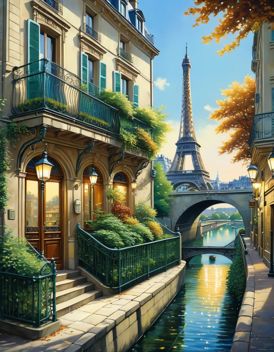 A poetic picture of Paris, France with the 1960's romantic style in the end of Summer where leaves begin to fall, oil on canvas painting, photo realistic, insanely detailed and intricate city scene, volumetric lighting, with a couple sitting by the Seine river, including reflections of the city lights on the water, and capturing the intricate ironwork of balconies and railings, studio Ghibli art style