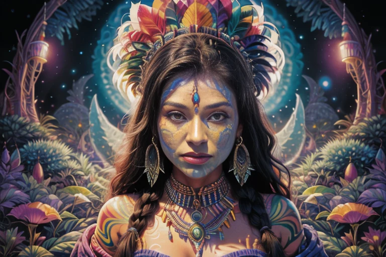 ((foto crua, melhor qualidade)), (realista, fotorrealista:1.2). A beautiful indigenous girl in native costume with feathers and feathers on her head, Amazonian indigenous peoples in Brazil, linda jovem feminina brasileira nativa, Yanomami Indian in typical costumes, alta qualidade. Amazon rainforest background, painting of a shamanic woman, Yanomami Indigenous, indigenous brazilian, arte psytrance, psytrance, Dan Mumford e Alex Grey Estilo, psychedelic dmt, psychedelic organic shaman, while tripping on dmt, epic shamanic dmt art, cores dmt, psychedelic cosmic horror, psychedelic shaman, Arte Trippy, Entidade DMT, extremely psychedelic experience