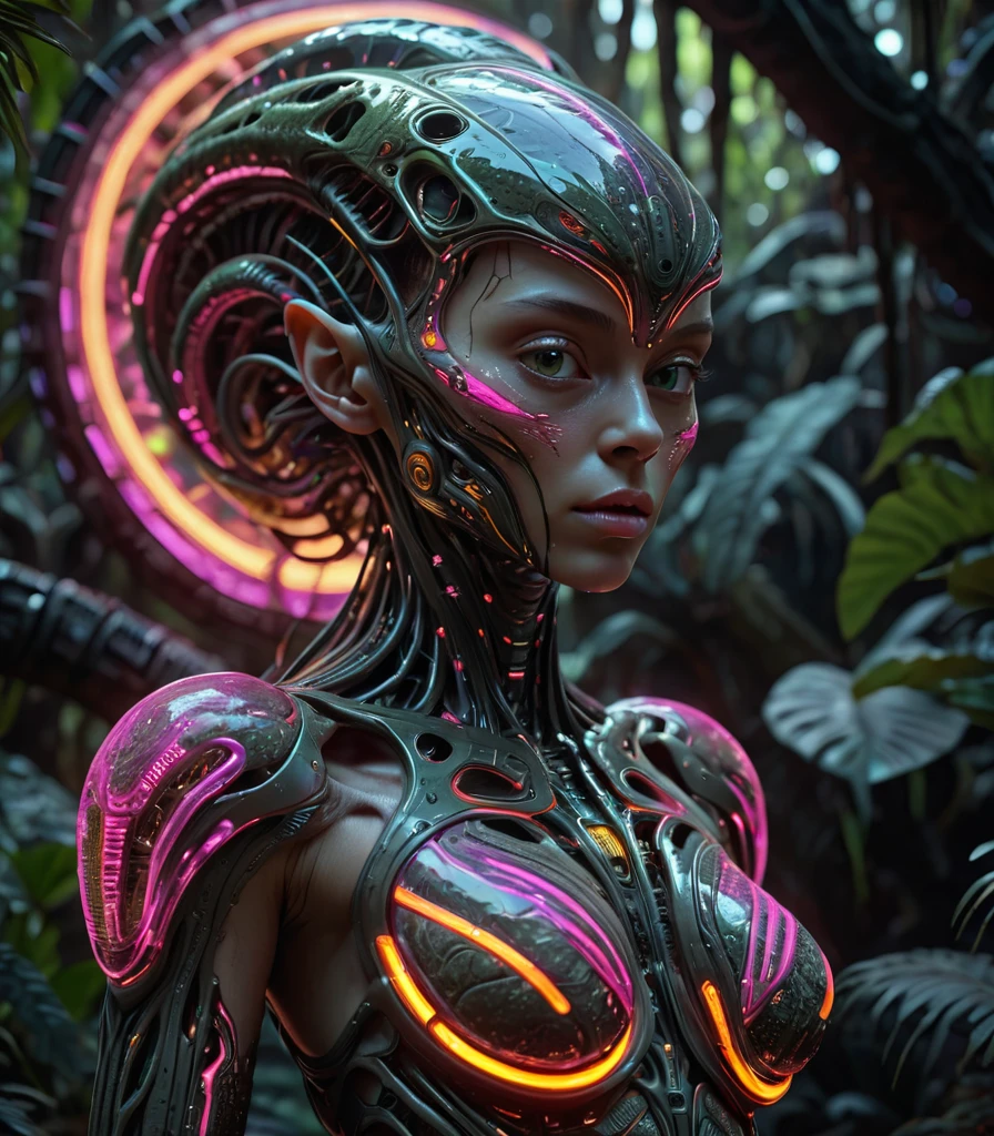 Silent photo titled "Female futuristic alien creature in light neon lava colors in the jungle"  Dark tones,(author：Ivan Albright:1.2), dark color, detailed, 8k, Ultra HD, 8k, Unreal Engine 5, Ultra-clear focus, Intricate work of art, inauspicious, Golden Ratio, Very detailed, Energetic, production cinematic character render, Ultra high quality model, Cosmic light behind