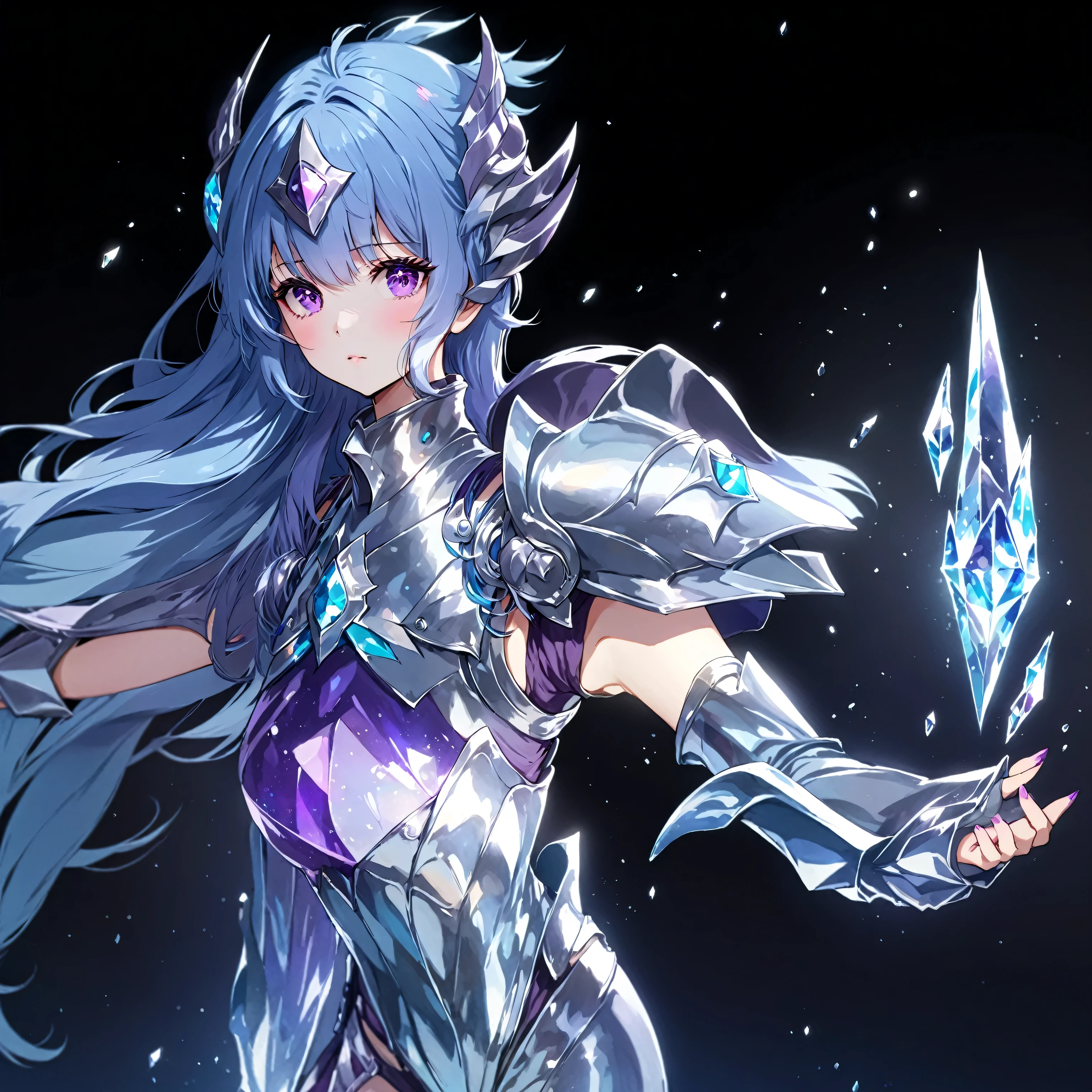 Masterpiece. High-resolution. Anime. Half-body portrait of a young woman about 20 years old. 1girl. Beautiful face. Delicate face. Pretty big purple eyes. defiance expression. Long light blue hair. Hair bangs. Messy hair blowing in the wind. Silver metallic armor. Silver metallic helmet. Purple tide clothes. Cristals ice emerging for left hand. Cosmic multicolor background. 