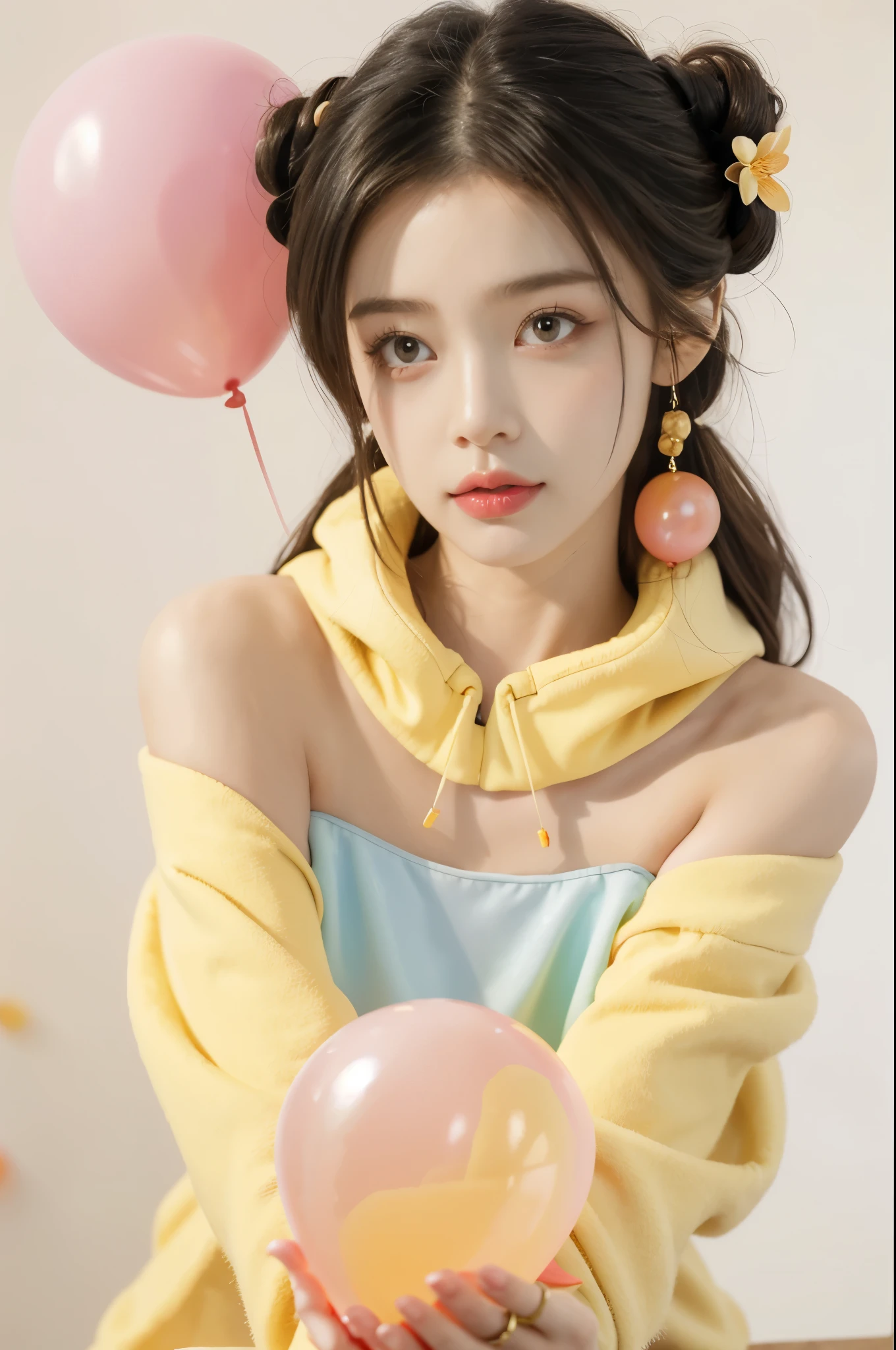 Girl,A pair of peach blossom eyes,prettyandcute,flower ring,Yellow jacket,White sweatshirt,Lots of colored bubbles,Royal sister face,chibiStyle,There are collarbones,shoulder length straight bob hair,perfectdetaileyes,Perfect for hand fingers,Delicate face,perfectcg,4k quality,Colorful balloons,skyward,Colorful oil pastels,slim,thin,small breasts,flat chest,arms behind back