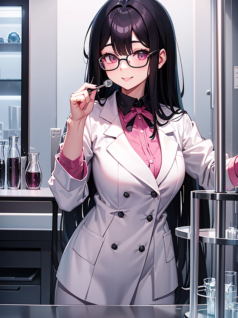 Intelligent woman、Black Hair、White skin、Pink lips、Wearing a researcher's lab coat、round rim glasses、White rubber gloves、Institute of Chemistry、Test tube、beaker、microscope、flask、Glancing sideways at the viewer、smile、Open your lips