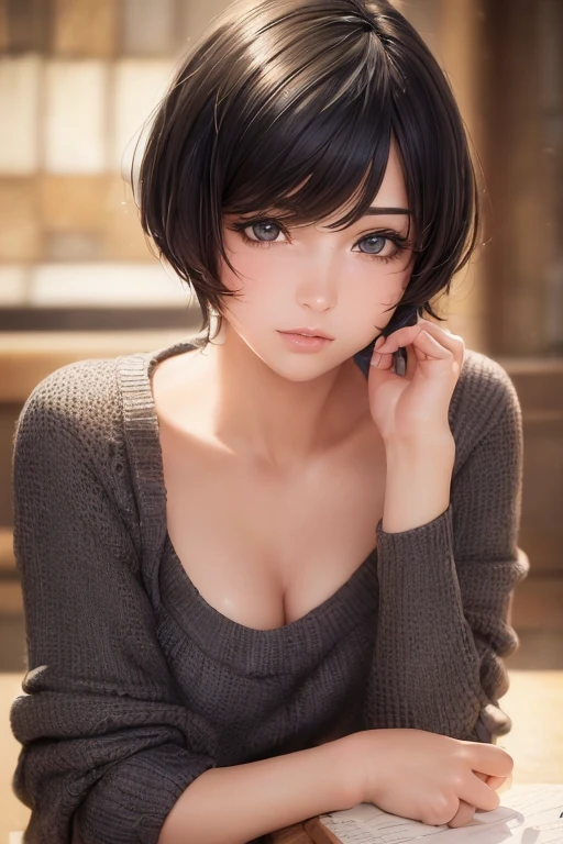 (masterpiece:1.3), (8k, Realistic, RAW Photos, highest quality: 1.4), (One girl), Beautiful Face, (Realistic Face), (Black Hair, short hair:1.3), Beautiful hairstyle, Realistic eyes, Beautiful fine details, (Realistic Skin), Beautiful Skin, (sweater), Absurd, Charm, Ultra-high resolution, Ultra-realistic, Very detailed, Golden Ratio