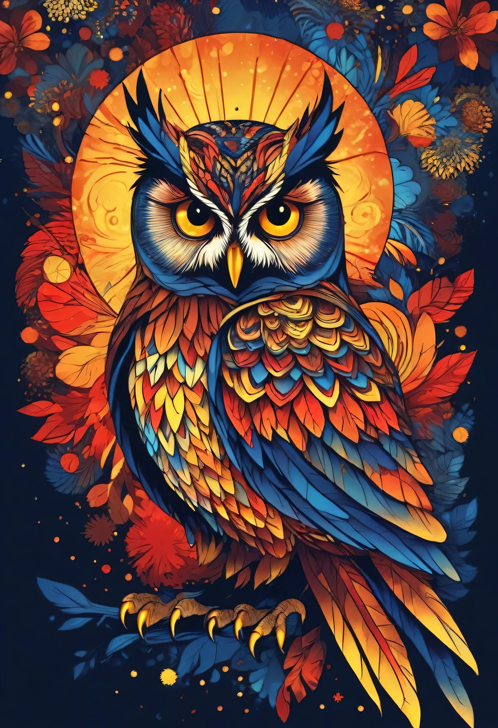(highest quality,High resolution:1.2),owl silhouette,Colorful background,Navy Blue、red、yellow、Blurred,Zentangle Style,Fractal Style、black,Brown, Smash it, stand out, The most inspiring silhouette ever, Shine, Light explosion, Flying Bird, Magic, thank you. By Tupu...lol...