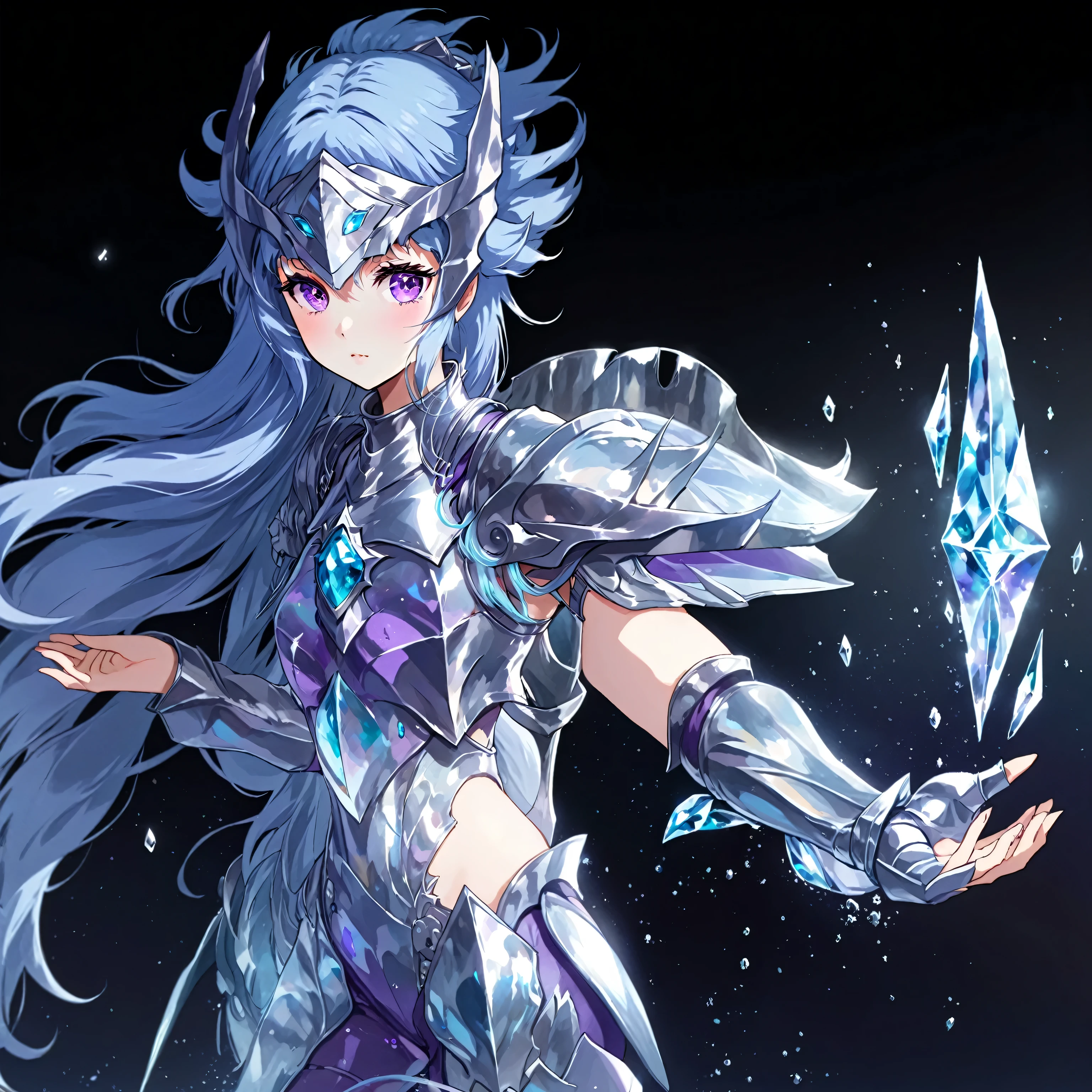 Masterpiece. High-resolution. Anime. Half-body portrait of a young woman about 20 years old. 1girl. Beautiful face. Delicate face. Pretty big purple eyes. defiance expression. Long light blue hair. Hair bangs. Messy hair blowing in the wind. Silver metallic armor. Silver metallic helmet. Purple tide clothes. Cristals ice emerging for left hand. Cosmic multicolor background. 