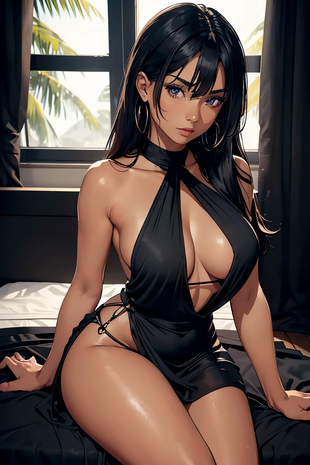 best quality, extremely beautiful, beautiful face, beautiful eyes, woman, shiny tanned skin, black air, in front of a bed in a room, ((black fabric draped mini dress with plunging neckline)), nsfw