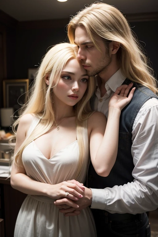 Man with long blonde hair and woman with long blonde hair who are a passionate couplu  1920 
