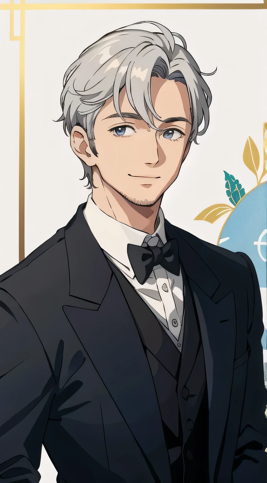 (highest quality, masterpiece，front，Butler), 1 male, 40 years old, wonderful, a handsome guy, A kind smile, Silver Hair，gentleman，Character portrait，