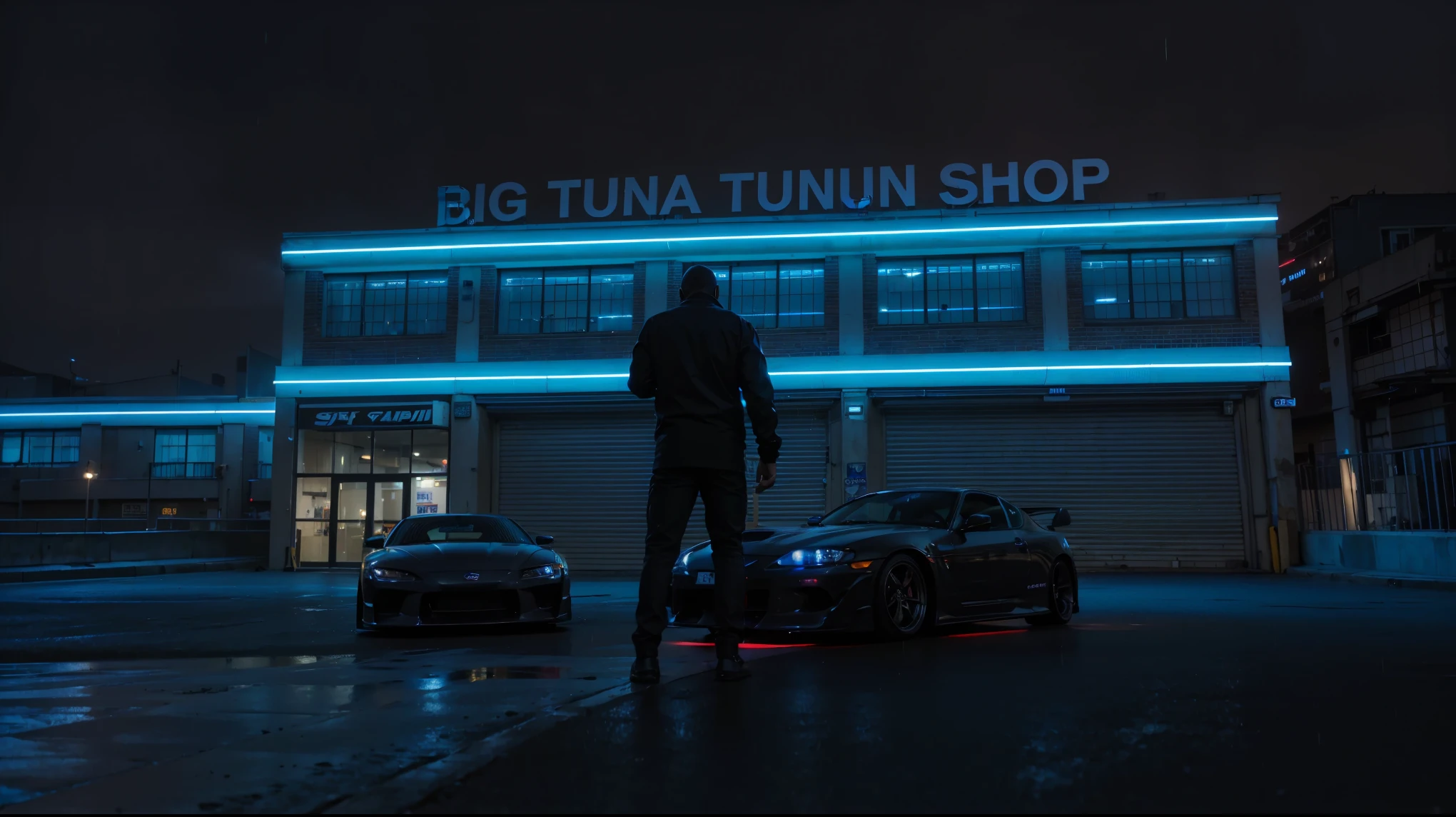 black male from behind, nissan s15, toyota supra, building with blue neons, BIG TUNA TUNER SHOP text on building, service, rain and night, wet street and reflexion in water