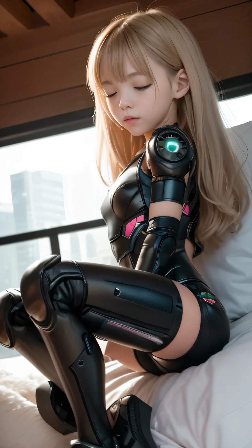 high quality, ​realistic masterpiece, girl laying on bed, legs tied, wrists bound, Beautiful tween girls, small skinny girls, cute girl face, eyes closed in pleasure, cyberpunk, Wearing neon futuristic robotic tactical shear armor cyberpunk suit with cutouts, skinny athletic body showing legs, Famous actresses of Japan, very beautiful face, bdsm