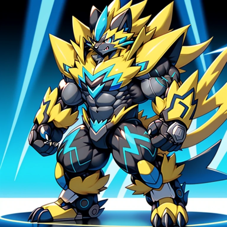 (Pokémon) Zeraora's giant robot.
Gigantic ZERAORA,
GIANT.
Protecting Zeraora's design and color scheme.

wears a black cloak on his back.

whole body shines like metal.
Wearing cyberpunk mecha, emphasizes the muscles.
He wears the same armor as himself from head to foot. (emphasizes the muscles.)
suit fully made of metal,
intricate armor, Robotic suit, suit fully made of metal, cyborg,

big muscle.
pecs, triceps,
body full of huge muscles.
unusually developed muscular body,
A Zeraora at the bodybuilding competition,
massive,
huge muscular bodybuilder with extraordinary biceps, pecs, triceps, traps, gigachad, 300 lbs.

The claws are sharp, Sharp teeth,
with huge golden laser sword,