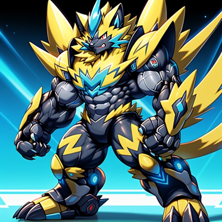 (Pokémon) Zeraora's giant robot.
Gigantic ZERAORA,
GIANT.
Protecting Zeraora's design and color scheme.
wears a black cloak on his back.
whole body shines like metal.
Wearing cyberpunk mecha, emphasizes the muscles.
He wears the same armor as himself from head to foot. (emphasizes the muscles.)
suit fully made of metal,
intricate armor, Robotic suit, suit fully made of metal, cyborg,
big muscle.
pecs, triceps,
body full of huge muscles.
unusually developed muscular body,
A Zeraora at the bodybuilding competition,
massive,
huge muscular bodybuilder with extraordinary biceps, pecs, triceps, traps, gigachad, 300 lbs.
The claws are sharp, Sharp teeth,
with huge golden laser sword,