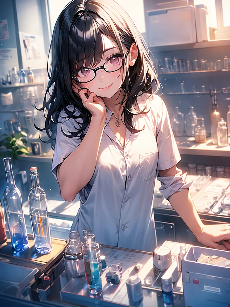 Intelligent woman、Black Hair、White skin、Pink Lips、Wearing a researcher's lab coat、Round rimmed glasses、White rubber gloves、Institute of Chemistry、Test tube、beaker、microscope、flask、Glancing sideways at the viewer、smile、Open your lips