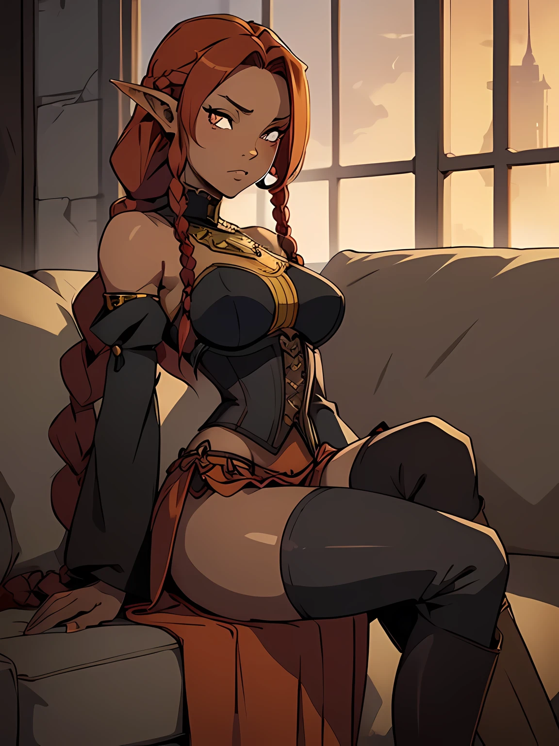 beautiful girl, very cute, sitting on the sofa, medium breasts, red hair, hair over one eye, twin_low_braids, long braids, yellow eyes, detailed eyes, symmetrical pupils, pointed ears, corset, ((dark skin)), muscular, medium skirt, open front skirt, gray pants, long sleeves, detached sleeves, exposed shoulders , red and black clothing, gold trim, knee high boots, combat boots 