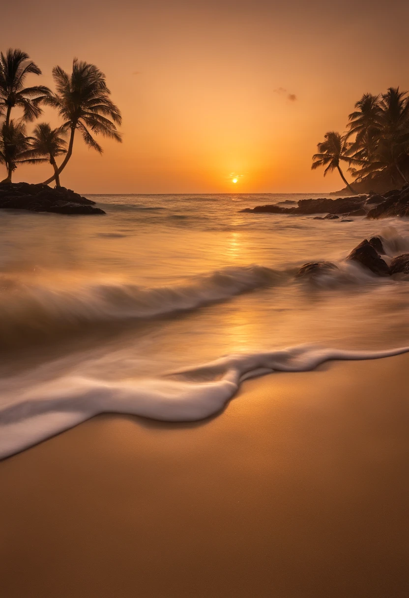 National Geographic photographer:1.4, blue coast, landscape of a paradisiacal beach, palm trees, white sand, seagulls, beach chairs beautiful waves crashing on the beach, sunset, sun falls illuminating the waters photograph taken by a professional photographer:1.5, representative of this beautiful tourist landscape, magical, masterpiece, photography awarded for its beauty, vivid and harmonious colors, cinematic lighting, 32k