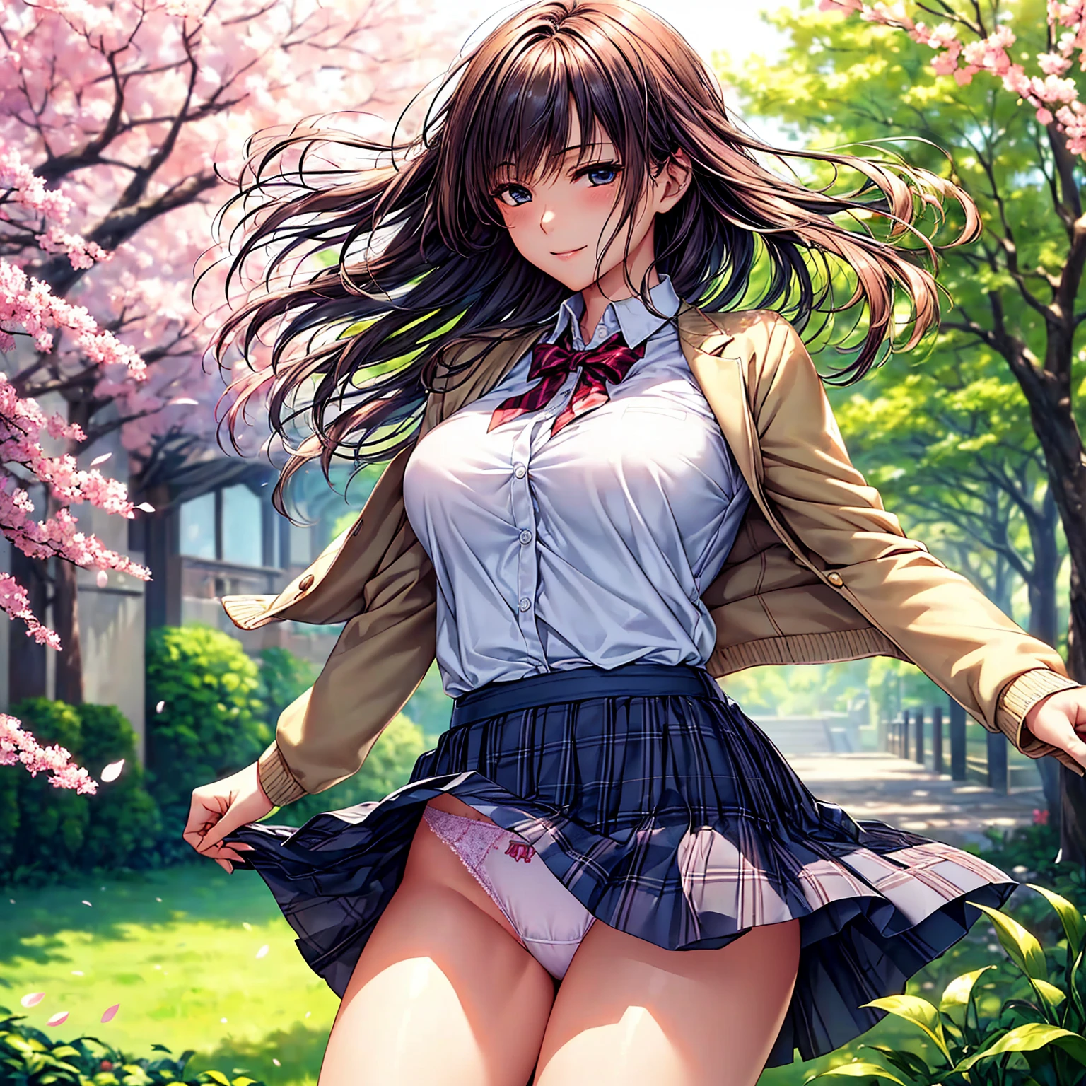(((highest quality、masterpiece、Very high resolution、High-definition images)))、Beauty Painting、One strong, beautiful woman:18-year-old、Beautiful body:Slender, beautiful breasts and beautiful legs、Beautiful Face:smile、eyes with strong will,Beautiful Hair、best skin and hair texture,Realistic skin texture,realistic hair texture、(High School Uniform:White blouse:ribbon:cardigan:blazer:Plaid pleats)、((The wind is blowing:The skirt is fluttering:Underwear exposed:Lace panties、Panchira Shot))、(garden、Cherry blossom trees)、Beauty Painting、Realistic portraits、Dynamic Angle、Natural light、Beautiful Landscape、Beautiful colors、Overall image、Accurate Image、Accurate anatomy、Flawless images、Perfect Image、Overall Image、(Best Shot、RAW Photos:1.2)