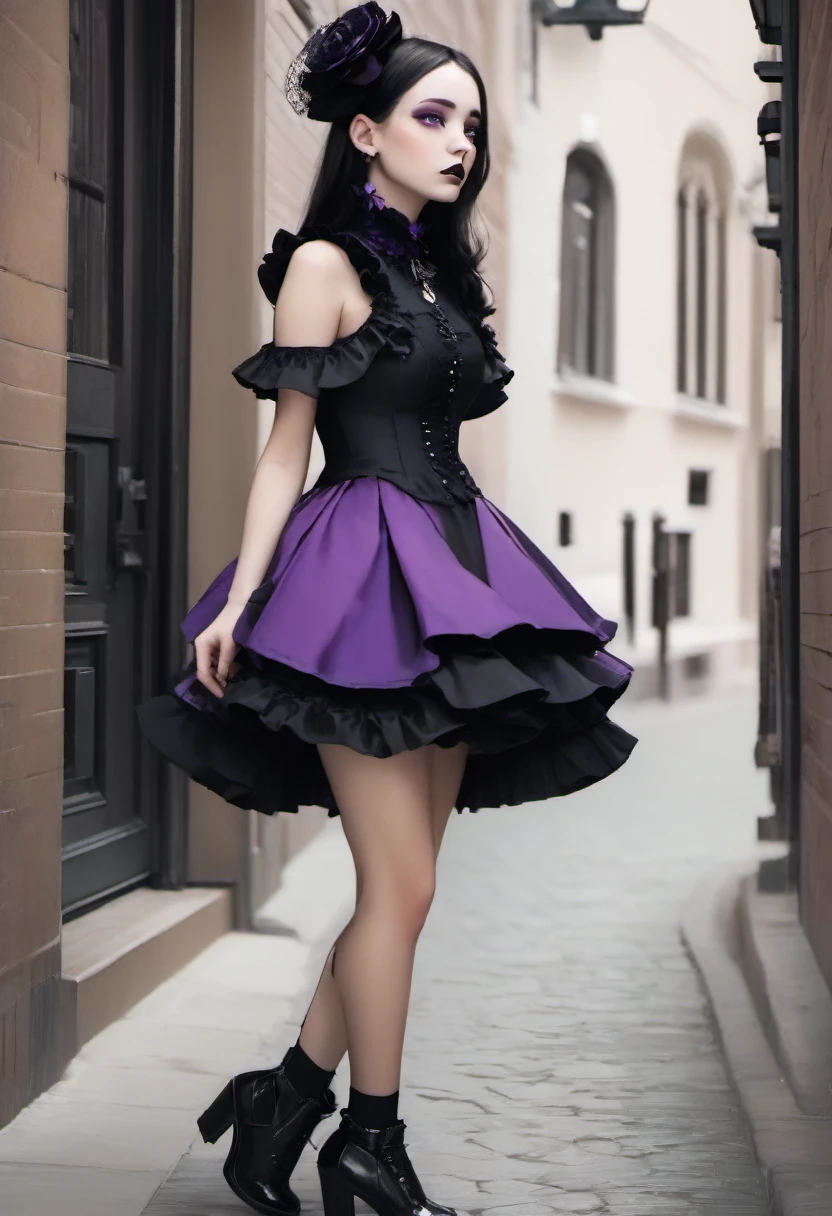 photo realistic, 1girl in purple dress and black and white accessories, Girlish Oriented Street style, Victorian gothic fashion, belle delphine, Girlish Oriented Street Fashion, black and purple outfit, portrait of an extreme gothic girl, ruffle outfit, portrait of a magical gothic girl, black gothic dress, gothic costume, ruffles, magical girl style, purple and black, confesses love