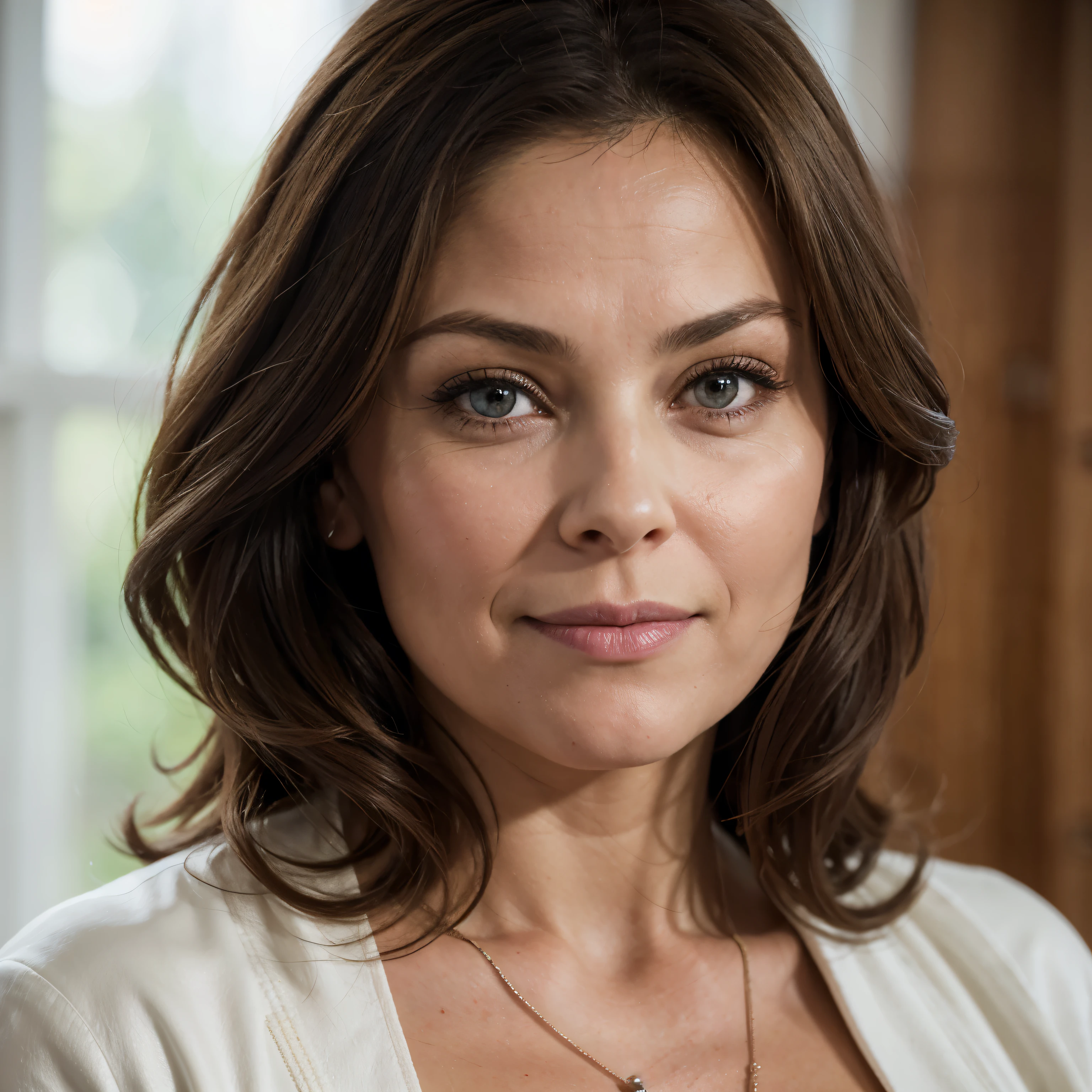 45 ans,(Une MILF:1.2), un regard captivant, yeux verts, (beaucoup de rides sur son visage:1.4), A very wide and very thick, manteau de fourrure en vison blanc, fifty centimeters d&#39;thickness, duveteux, naturel, with an ultra thick white mink fur collar, Trois couches, sur Ornella Muti jeune, 45 ans,, la plus haute qualité, Realistic, super detailed, finement, High resolution, Fond d&#39;8k screen, 1 belle femme,, messy light brown hair, porte une robe cache coeur a large décolleté, sharpness, Composition dynamique parfaite, detailed and beautiful eyes, Cheveux fins, Detailed and Realistic skin texture, SOURIRE, portrait en gros plan, model body shape,description complète du corps,