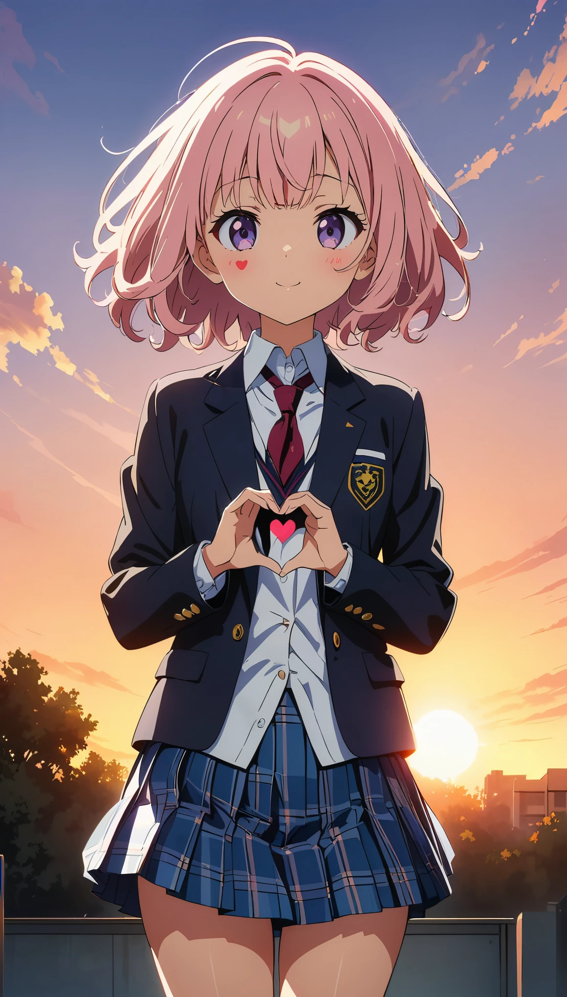 (highest quality:1.2, Anime artwork, Anime Style, Studio Anime, Very detailed, up to date, Vibrant, Anime Coloring, High Contrast, masterpiece:1.2, highest quality, Best aesthetics), blue plaid pleated skirt:1.5, Red tie:1.5, Black blazer, (Private School Uniforms), Beautiful thighs, Black knee-high socks, Perfect body line, Skin with attention to detail, cute, Detailed face, (Random Pause, Make a heart mark with both hands:1.4), at school, Accurate Fingers, evening, Illuminated by the setting sun, Soft lighting,