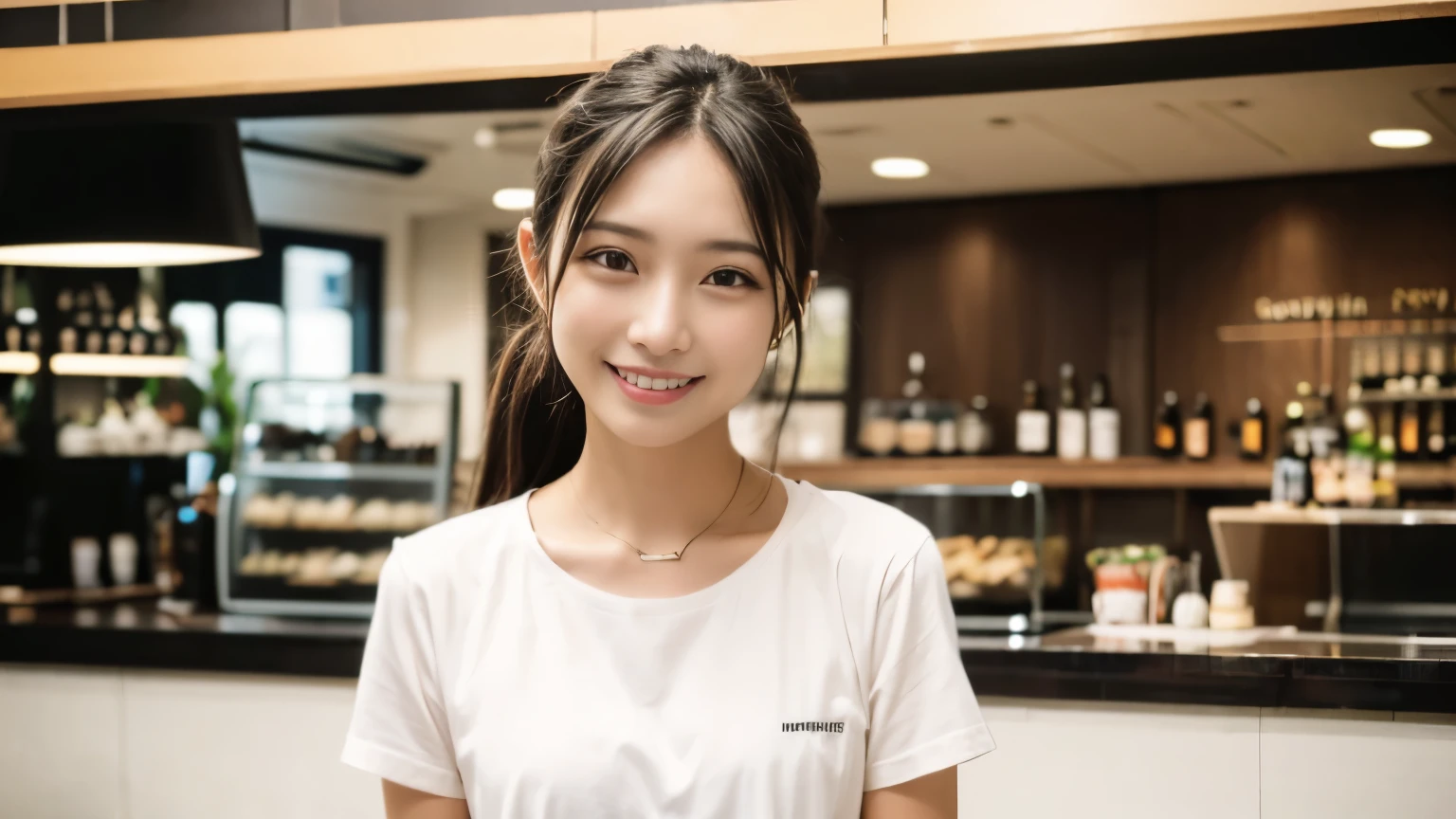 super high quality, smile, Slender, Gravure photoshoot, The staff is working at the counter in the back., (8k、RAW Photos、highest quality、masterpiece:1.2), Japanese Idol, Stylish café, (Realistic、Photorealistic:1.37), Mesh Hair, Normal chest, Urban Cafe, Golden Ratio, Raw photo, Cute face , Light Brown Hair, Bright cafe interior, Blurred Background, Spring Clothes, A sweet expression, Watching the audience, Beautiful hairstyle, White Shirt, Spoiled, Smile, Neat clothes, ponytail, 18-year-old, younger sister, 
