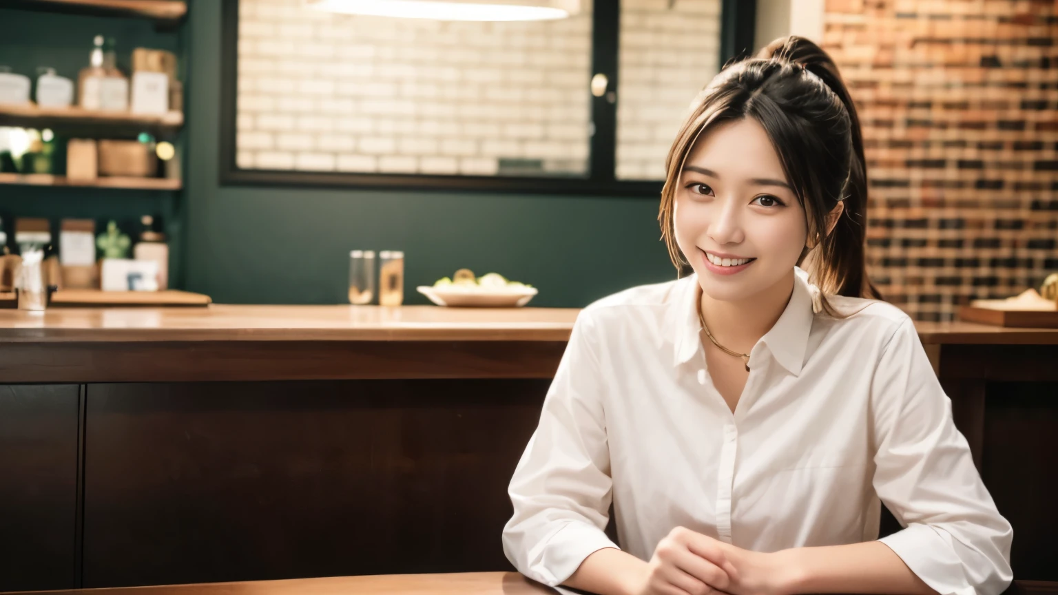 super high quality, smile, Slender, Gravure photoshoot, The staff is working at the counter in the back., (8k、RAW Photos、highest quality、masterpiece:1.2), Japanese Idol, Stylish café, (Realistic、Photorealistic:1.37), Mesh Hair, Normal chest, Urban Cafe, Golden Ratio, Raw photo, Cute face , Light Brown Hair, Bright cafe interior, Blurred Background, Spring Clothes, A sweet expression, Watching the audience, Beautiful hairstyle, White Shirt, Spoiled, Smile, Neat clothes, ponytail, 18-year-old, younger sister,