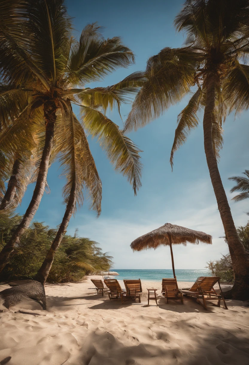 National Geographic photographer:1.4, blue coast, landscape of a paradisiacal beach, palm trees, white sand, seagulls, beach chairs beautiful waves crashing on the beach, sunset, sun falls illuminating the waters photograph taken by a professional photographer:1.5, representative of this beautiful tourist landscape, magical, masterpiece, photography awarded for its beauty, vivid and harmonious colors, cinematic lighting, 32k