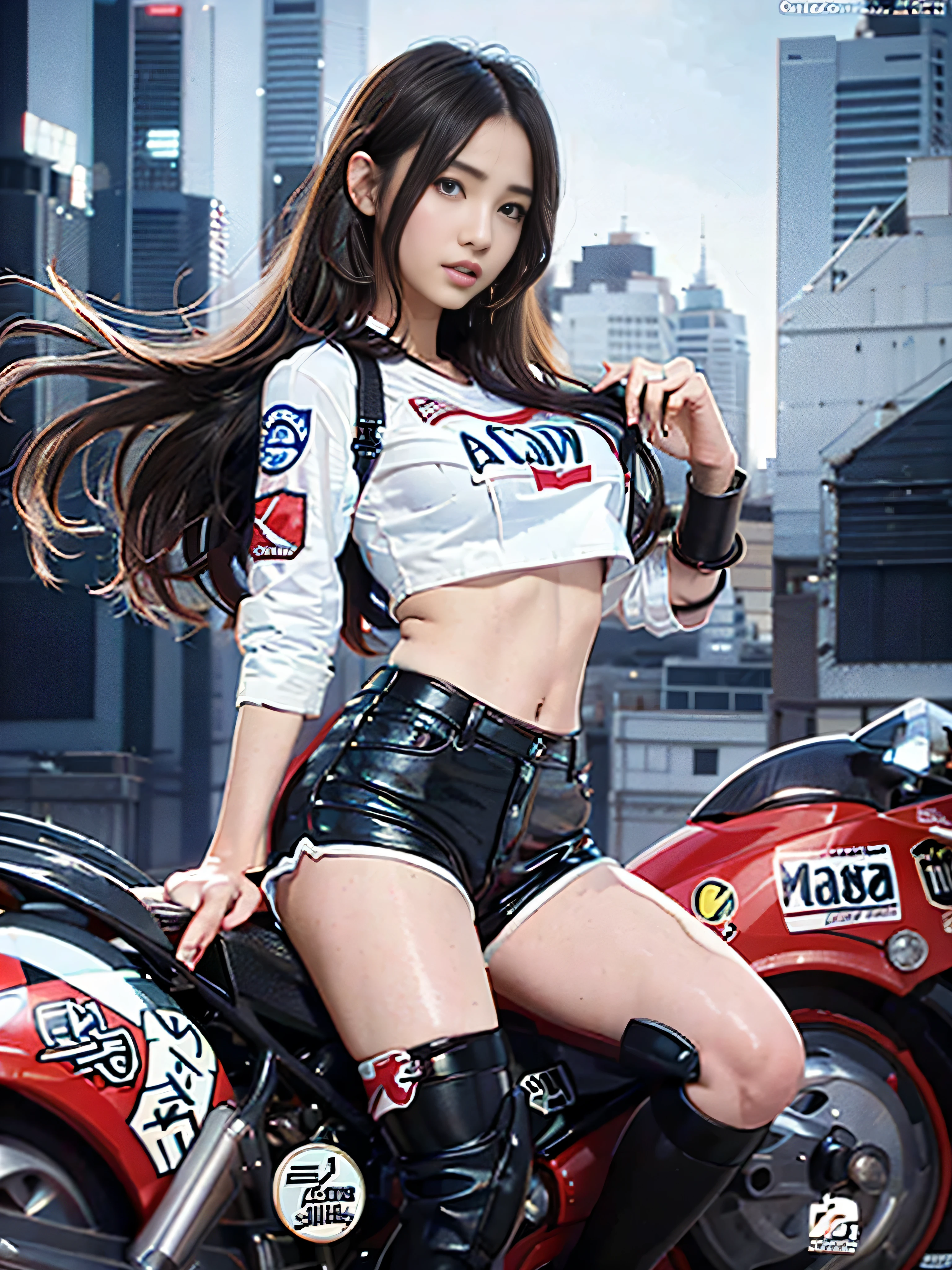RAW quality, Original image quality, Official Art, highest quality, masterpiece, 超A high resolution, (Photorealistic:1.4), Raw photo, ((Ultra-Realistic Details)), Polate, Global Illumination, Black Shadow, Octane Rendering, 8k, Super sharp, One Girl, Young 15-year-old, Blonde, (Long hair blowing in the wind), Detailed facial depiction, Glossy Lips, Tsundere and playful expression, (Low-rise leather shorts), (Thin white cropped shirt:1.4), huge , (Exposed breasts), Big breasts and small waist, (Akira Bike:1.4), (Riding on motorcycle), night, Cyberpunk cityscape, Ultra high definition,Bokeh Background,