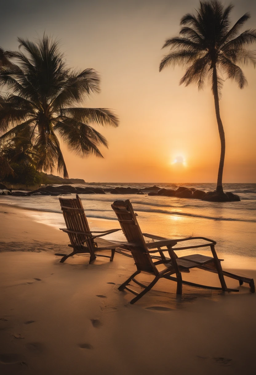 National Geographic photographer:1.4, blue coast, landscape of a paradisiacal beach, palm trees, white sand, seagulls, beach chairs beautiful waves crashing on the beach, sunset, sun falls illuminating the waters photograph taken by a professional photographer:1.5, representative of this beautiful tourist landscape, magical, masterpiece, photography awarded for its beauty, vivid and harmonious colors, cinematic lighting, 32k