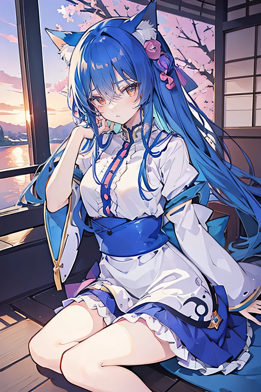 (masterpiece:1.2),Super detailed,Practical,expressive eyes,Fair skin,Perfect face shaping,1 Girl,
Japanese cartoons,Gorgeous blue hair, the long flowing blue hair,Floating clothes,Cat ears,Petals falling,beautiful lola,Young Angel,
Hands on waist,sit elegantly on the ground,Cross your legs,Gentle and peaceful background,Cool and cozy pavilion,Sunset,