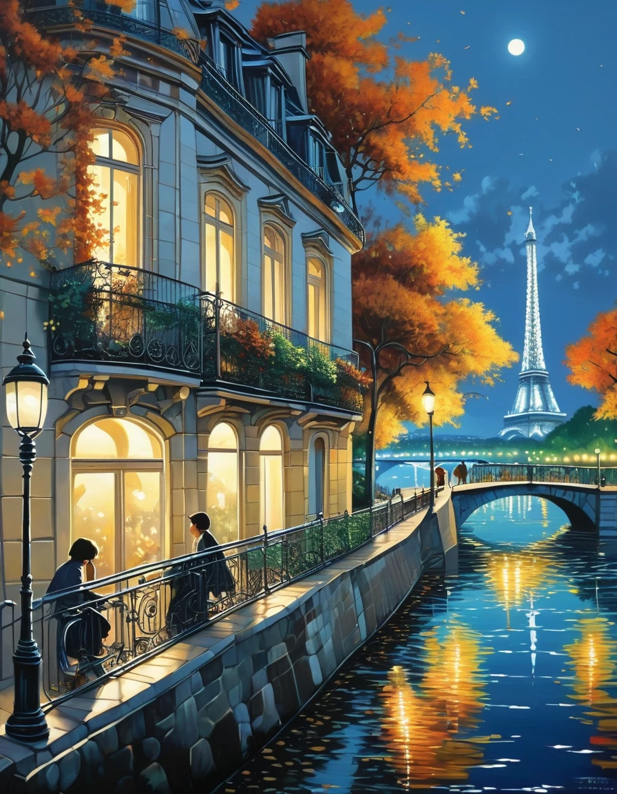A poetic picture of Paris, France with the 1960's romantic style in the end of Summer where leaves begin to fall, oil on canvas painting, photo realistic, insanely detailed and intricate city scene, volumetric lighting, with a couple sitting by the Seine river, including reflections of the city lights on the water, and capturing the intricate ironwork of balconies and railings, studio Ghibli art style