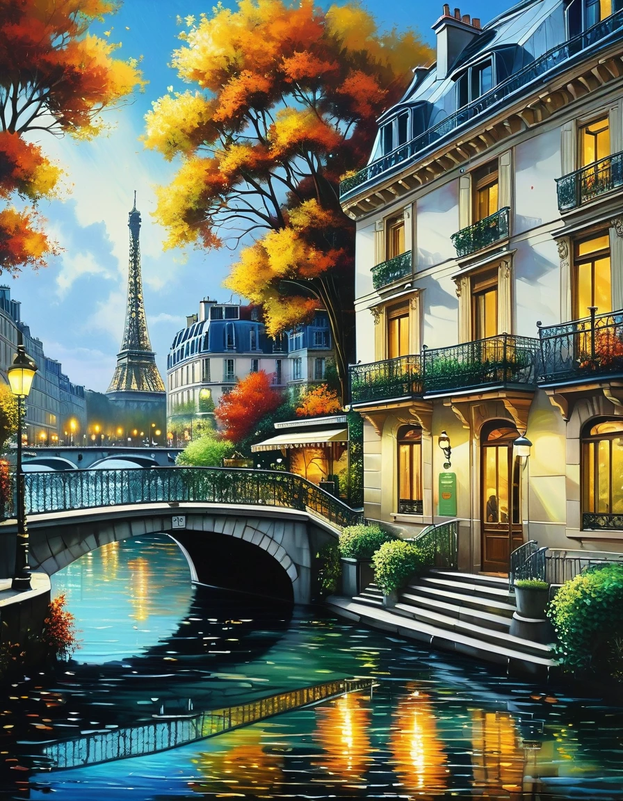 A poetic picture of Paris, France with the 1960's romantic style in the end of Summer where leaves begin to fall, oil on canvas painting, photo realistic, insanely detailed and intricate city scene, volumetric lighting, with a couple sitting by the Seine river, including reflections of the city lights on the water, and capturing the intricate ironwork of balconies and railings, studio Ghibli art style