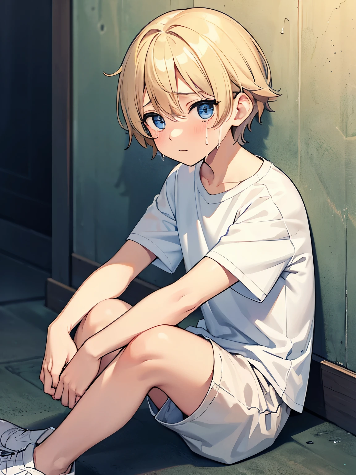  boy,guy,5 yearting, Knees bent,crying, tears coming out,Short blonde hair,blue eyes,messy hair, wearing White t-shirt,plain t-shirt,white shorts, Plain t-shirt,Sitting in prison,half body photo