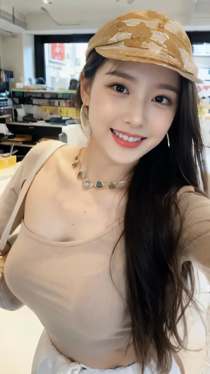 (on the table, best quality, Realistically, Super detailed, meticulous, high resolution, 8k wallpaper), Close-up portrait of a beautiful woman, like, Smile, Light brown messy hair, Perfect dynamic composition, Beautiful and meticulous eyes, Just like the cover of a fashion magazine, On Campus