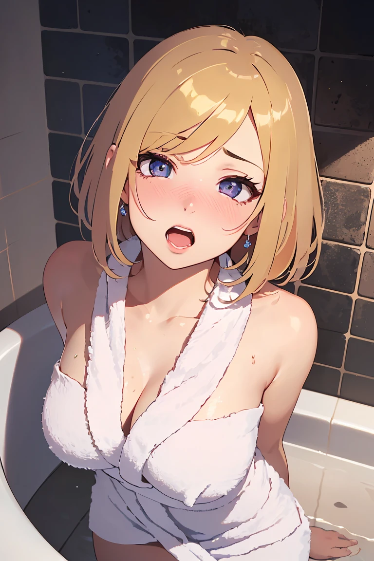 masterpiece, absurdres, best quality, ultra detailed, high Resolution, detailed illustration, bright colour, (extremely beautiful detailed face and eyes, Delicate beautiful face, 1 girl, cute face:1.3), (magenta eyes:1.1), sparkling eyes, big eyes, medium breasts, (perky breasts:1.1), (pointy breasts:1.1), medium hips, glamorous body, white skin, BREAK, long bob cut, (blonde hair:0.8), messy hair, detailed hair, shiny hair, BREAK (bath towel:1.5), perfect lighting, (embarrassed:1.5), (ecstasy, vulgarity:1.5), (trembling:0.8), Looking up from below,