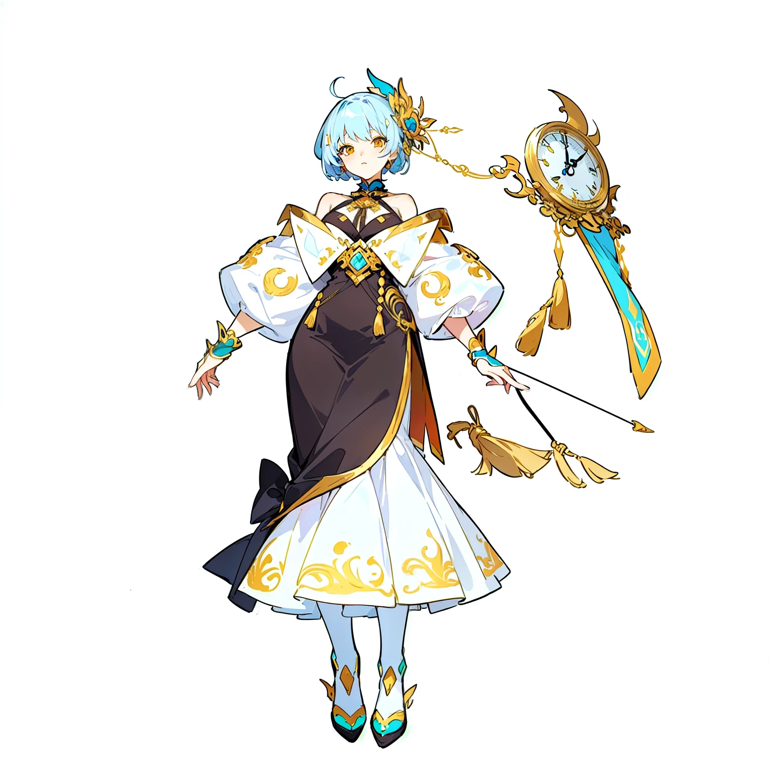 anime character dressed in a white dress holding a clock, lunar themed attire astral witch clothes, clear outfit design, outfit design, [ character design ], character adoptable, official character illustration, full body adoptable, full body character design, ( ( character concept art ) ), ornate attire, pretty anime character design