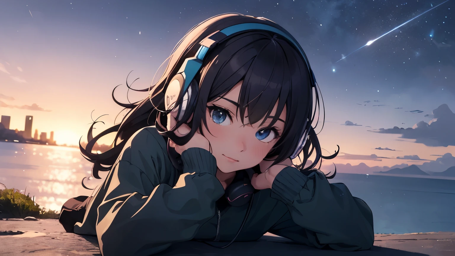 ((Top Quality)), ((Masterpiece)), (Details), Perfect Face
Cute, anime style with an early 80's city pop culture vibe.
A girl is lying on a hill overlooking the ocean, looking at the night sky. She is wearing headphones and long sleeved clothes. A pleasant breeze is blowing and her hair is blowing in the wind. 768x432 [16 : 9].