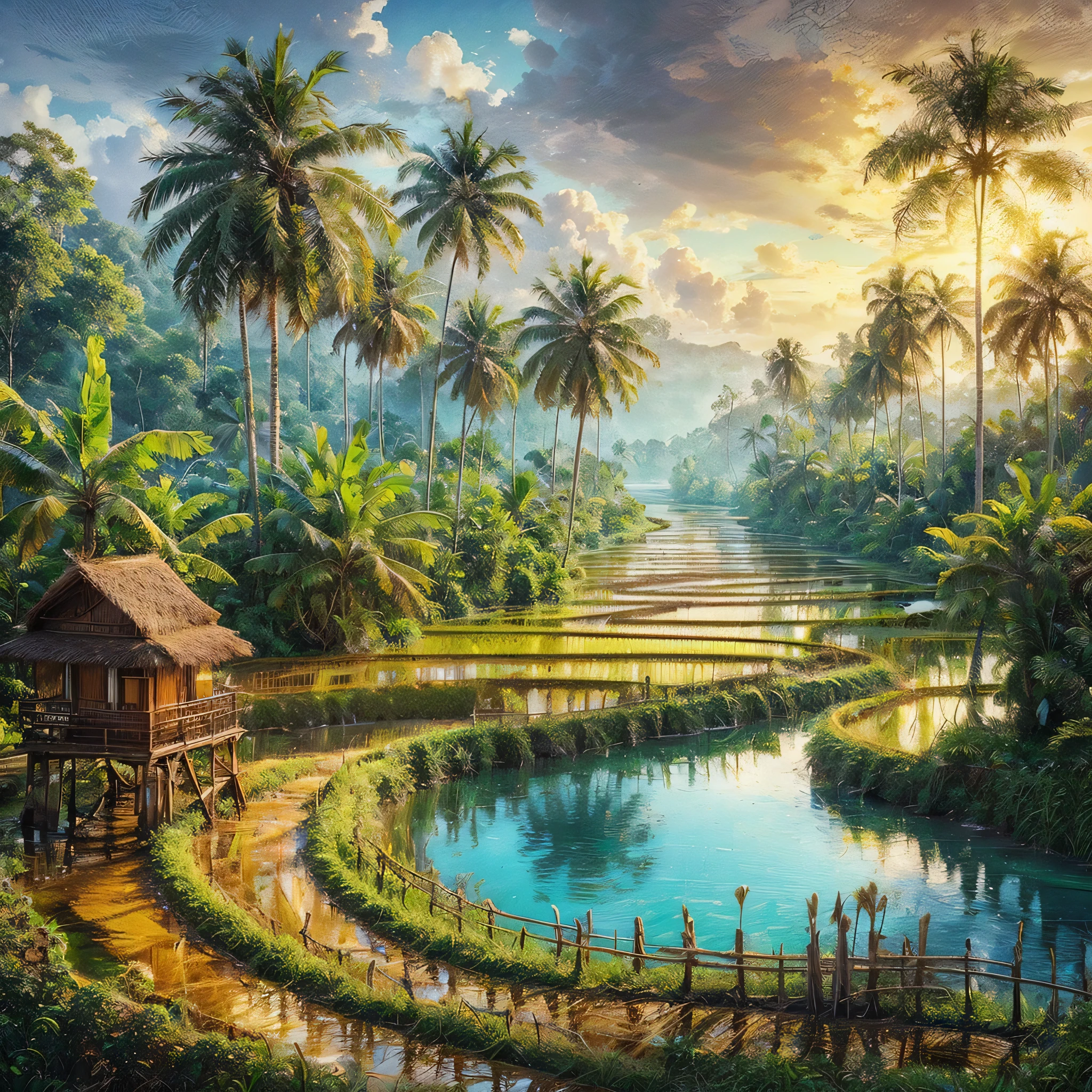 Create a hyperrealistic picture of a beautiful and enchanting view of coconut trees (coconut trees), banana trees (banana trees) on the edge of rice fields (rice fields), wooden fences on the edge of rice fields, small lakes with clear blue water, rivers, oil on rough canvas, textured scumbling technique