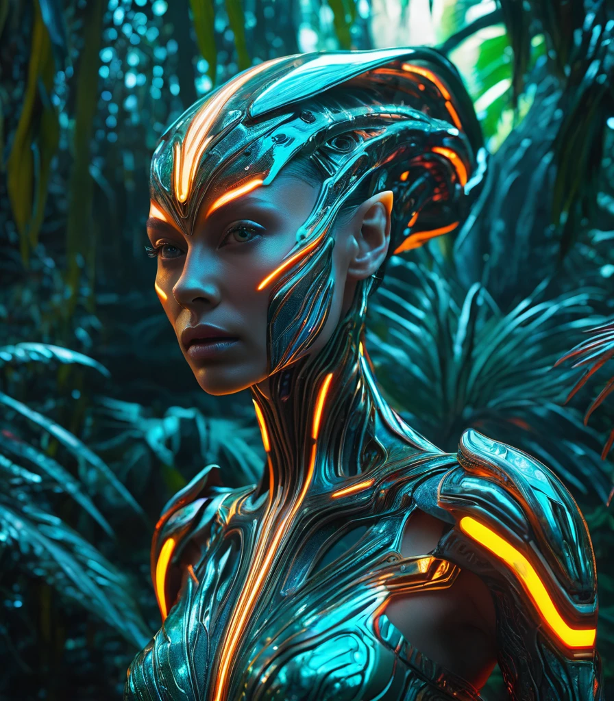 Silent photo titled "Female futuristic alien creature in light neon lava colors in the jungle"  Soft tones,(author：Ivan Albright:1.2), pastel colors, detailed, 8k, Ultra HD, 8k, Unreal Engine 5, Ultra-clear focus, Intricate work of art, inauspicious, Golden Ratio, Very detailed, Energetic, production cinematic character render, Ultra high quality model, Cosmic light behind