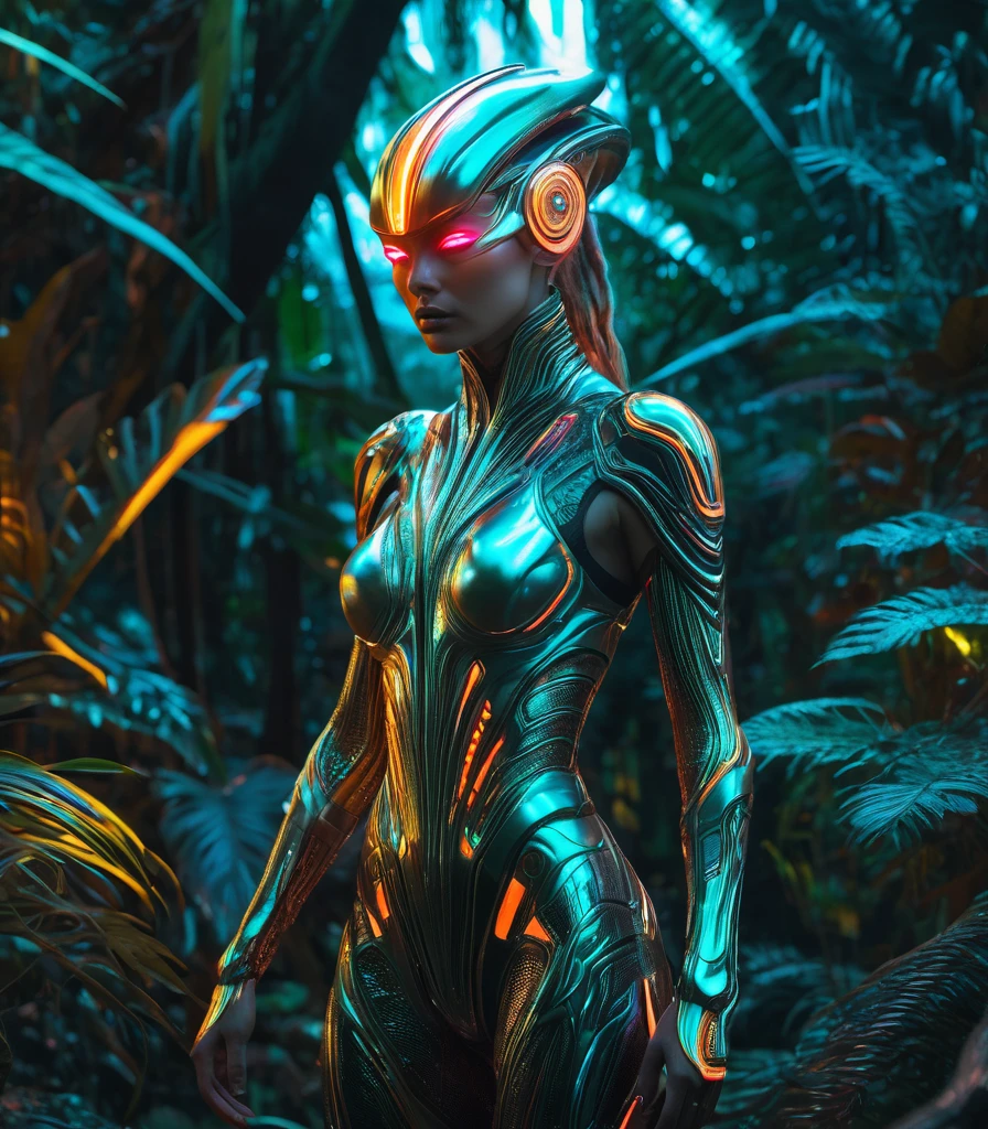 Silent photo titled "Female futuristic alien creature in light neon lava colors in the jungle"  Soft tones,(author：Ivan Albright:1.2), pastel colors, detailed, 8k, Ultra HD, 8k, Unreal Engine 5, Ultra-clear focus, Intricate work of art, inauspicious, Golden Ratio, Very detailed, Energetic, production cinematic character render, Ultra high quality model, Cosmic light behind