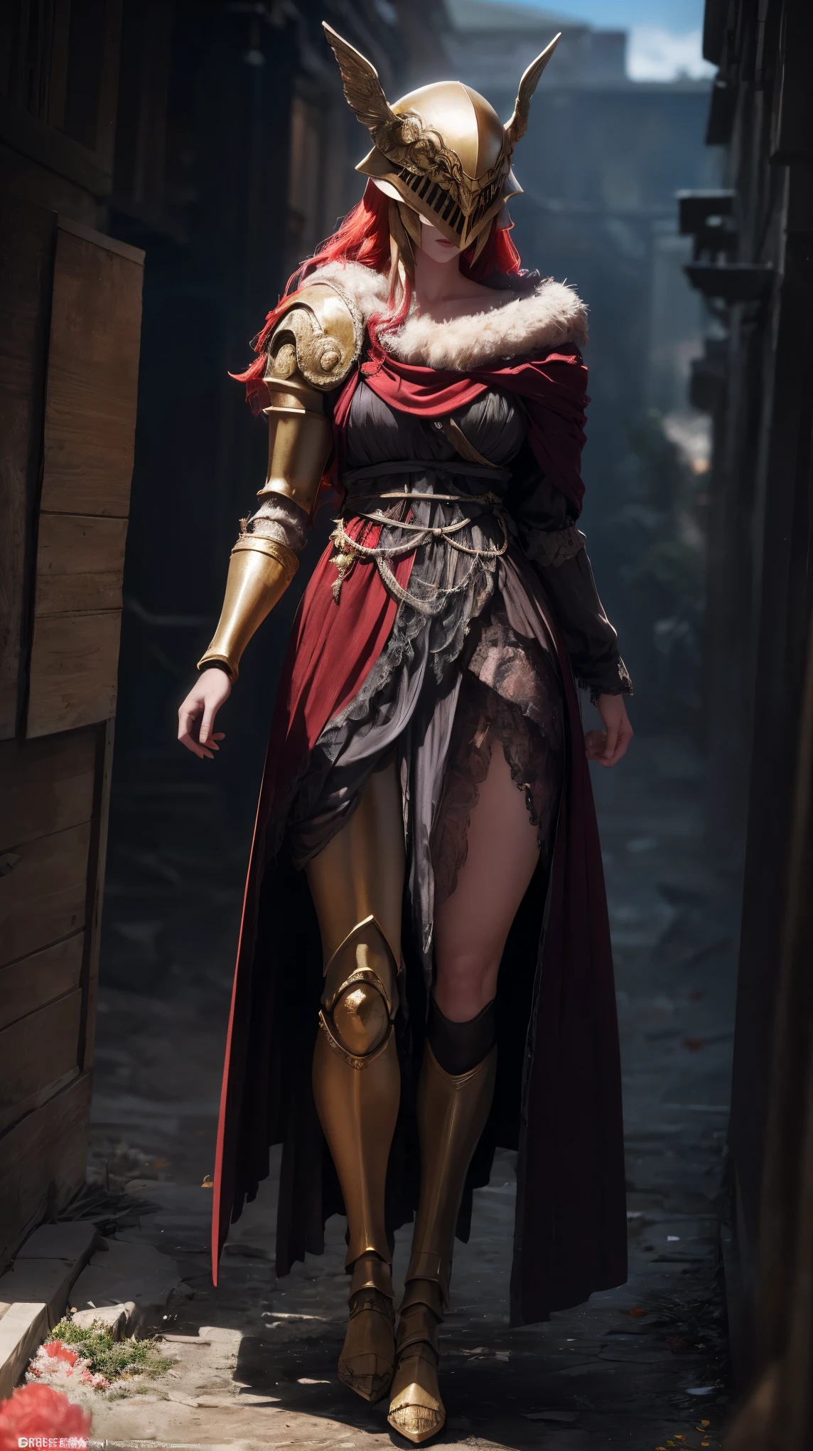 Highly detailed, high quality, masterpiece, beautiful, 1 girl, prosthetic leg, single mechanical arm, prosthesis, MaleniaDef, armor, cape, helmet, brown dress, full body, (best quality)), ((masterpiece: 1.2) ), (extremely detailed: 1.1), (8k, high quality, cinematic, hyper realistic, illustration), (autodesk maya, octane rendering, unreal engine, game character, ray tracing, hdr), (16mm focal length , f/4 aperture, dynamic perspective, depth of field), (1 girl, dynamic angle, casting pose. malenia, long bright red hair like blood, brown thorn-woven dress, single mechanical arm, prosthetic leg, prosthesis, boots of battle. Cloak of blood, underlying golden armor, valley of withered flowers, ancient sculptures around it), 3d, realistic, CG, 3D model, beautiful, elegant, confident, (hdri, bloom, edge lighting, soft lighting, discreet), zhongfenghua, delicate\(armor\) ancient robe, golden helmet, mage_glam, caftan,