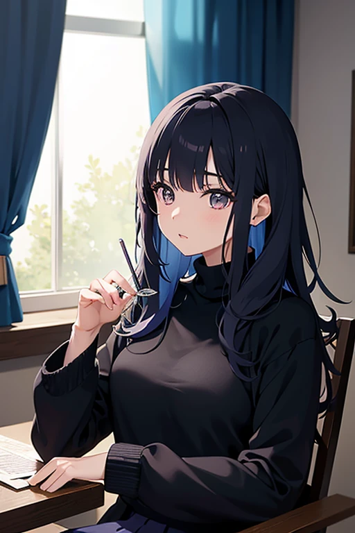akane kurokawa,roca,pelo azul,black sweater and skirt,nerviosa,hermoso,cuerpo perfecto,1 chicas,grande ,Obra maestra,cara perfecta,cara expresiva,jugando con su cabello,atmospheric light