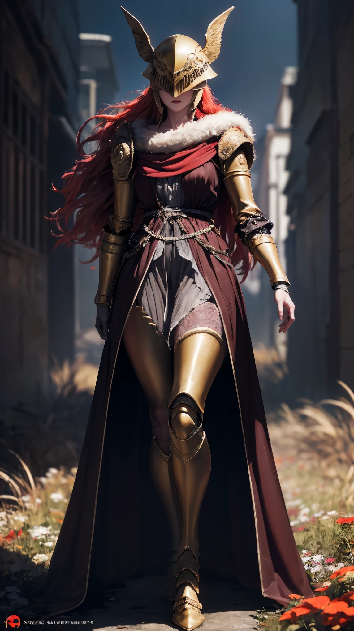 Highly detailed, high quality, masterpiece, beautiful, 1 girl, prosthetic leg, single mechanical arm, prosthesis, MaleniaDef, armor, cape, helmet, brown dress, full body, (best quality)), ((masterpiece: 1.2) ), (extremely detailed: 1.1), (8k, high quality, cinematic, hyper realistic, illustration), (autodesk maya, octane rendering, unreal engine, game character, ray tracing, hdr), (16mm focal length , f/4 aperture, dynamic perspective, depth of field), (1 girl, dynamic angle, casting pose. malenia, long bright red hair like blood, brown thorn-woven dress, single mechanical arm, prosthetic leg, prosthesis, boots of battle. Cloak of blood, underlying golden armor, valley of withered flowers, ancient sculptures around it), 3d, realistic, CG, 3D model, beautiful, elegant, confident, (hdri, bloom, edge lighting, soft lighting, discreet), zhongfenghua, delicate\(armor\) ancient robe, golden helmet, mage_glam, caftan,