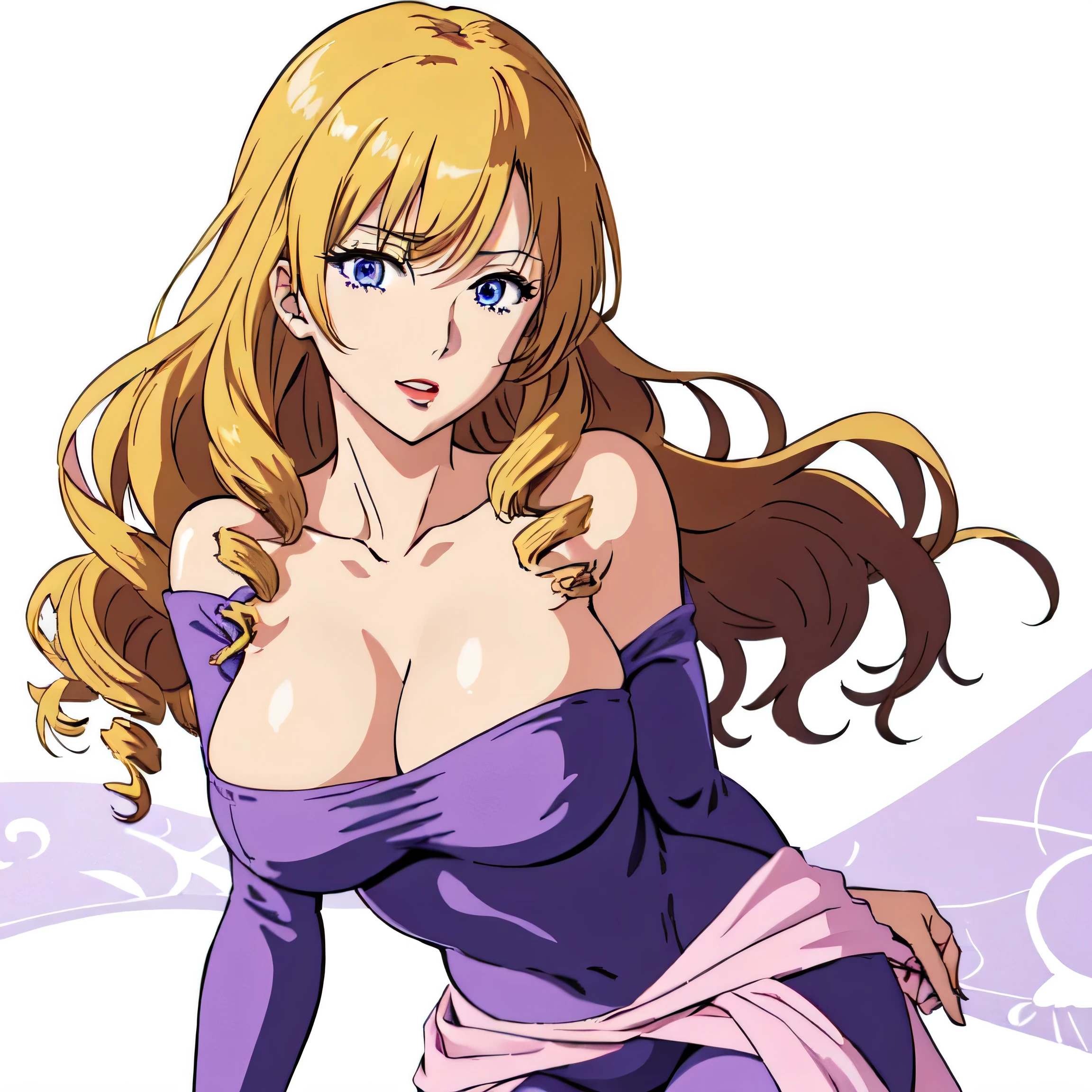 masterpiece、highest quality、Anime Women、solo、Watching the audience、laugh at、Long Hair、Blonde、eyelash、lipstick、Blue Eyes、Drill Hair、Hair on one eye、Big Breasts、cleavage、A woman with very large breasts、collarbone、Purple bodysuit、Off the shoulder、Long sleeve、Pink sash、
