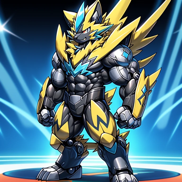 (masterpiece, best quality, detailed:1.2)
(Pokémon)
detailed full body,
Zeraora's giant robot.
Gigantic ZERAORA,
GIANT.
Protecting Zeraora's design and color scheme.

wears a black cloak on his back.
It has wings.
whole body shines like metal.
Wearing cyberpunk mecha, emphasizes the muscles.
He wears the same armor as himself from head to foot. (emphasizes the muscles.)
suit fully made of metal,
intricate armor, Robotic suit, suit fully made of metal, cyborg,

big muscle.
pecs, triceps,
body full of huge muscles.
unusually developed muscular body,
A Zeraora at the bodybuilding competition,
massive,
huge muscular bodybuilder with extraordinary biceps, pecs, triceps, traps, gigachad, 300 lbs.

The claws are sharp, Sharp teeth,
with huge golden laser sword,