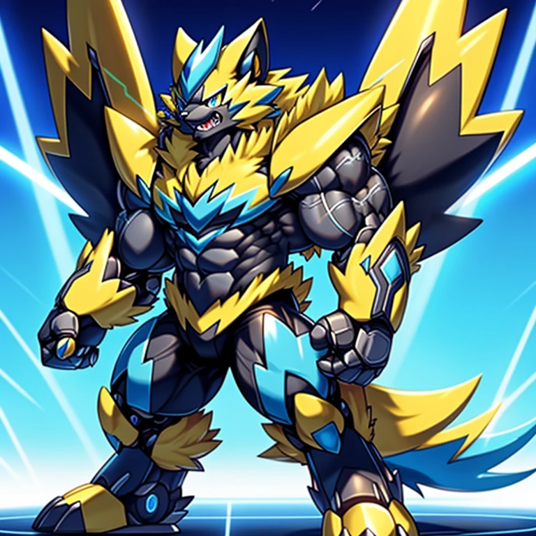 (masterpiece, best quality, detailed:1.2)
(Pokémon)
detailed full body,
Zeraora's giant robot.
Gigantic ZERAORA,
GIANT.
Protecting Zeraora's design and color scheme.

wears a black cloak on his back.
It has wings.
whole body shines like metal.
Wearing cyberpunk mecha, emphasizes the muscles.
He wears the same armor as himself from head to foot. (emphasizes the muscles.)
suit fully made of metal,
intricate armor, Robotic suit, suit fully made of metal, cyborg,

big muscle.
pecs, triceps,
body full of huge muscles.
unusually developed muscular body,
A Zeraora at the bodybuilding competition,
massive,
huge muscular bodybuilder with extraordinary biceps, pecs, triceps, traps, gigachad, 300 lbs.

The claws are sharp, Sharp teeth,
with huge golden laser sword,