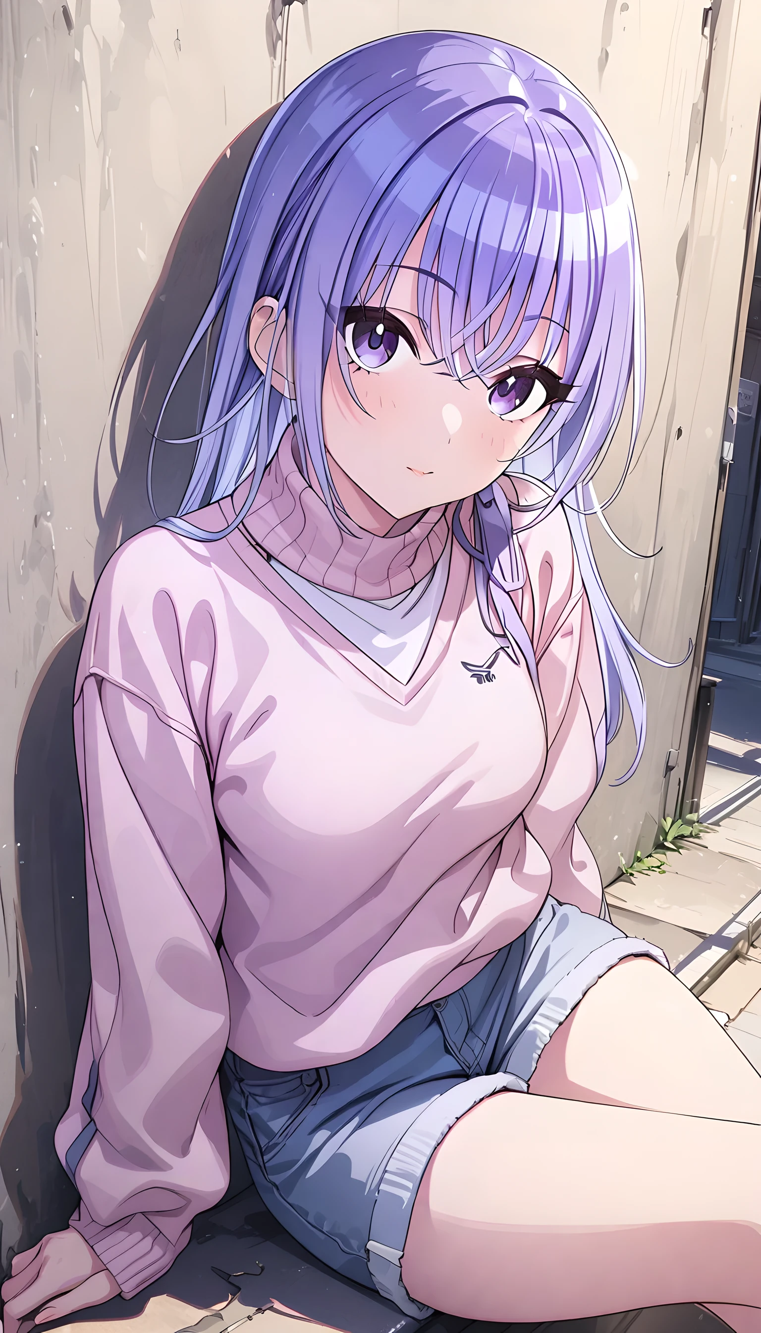 (masterpiece),(best quality),(ultra-detailed),(best illustration),(best shadow),(absurdres),(detailed background),(very aesthetic), 1girl, solo, hana suzuki, long hair, purple eyes, purple hair, casual outfit, sweater, short jeans, sportswear, sitting, leaning on the wall, alley,