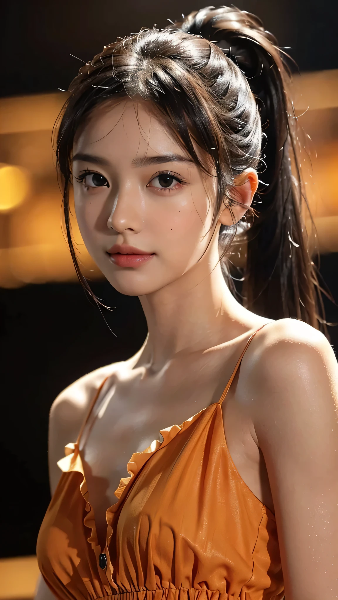Spotlight on stage,close-up of face,One woman,fully body photo,masutepiece, The highest image quality, High quality, the background is clear,Beautiful woman, Japanese, Detailed, Detailed eyes, Detailed skin, Beautiful skin, 超hight resolution, (reality: 1.4),Very beautiful woman, Slightly younger face, Beautiful skin, slender, (Ultra photo realsisim), (hight resolution), (8K), (Very detailed) (beautifully detailed eyes), (super detailed), (Detailed face), view the viewer, Fine details, Detailed face, Staring straight ahead, Staring straight ahead, photos realistic, Bright lighting, Professional Lighting, Black hair,poneyTail,a baby face,sixteen years old,Hairstyle: ponytail,Long ponytail hairstyle,slight smile,Orange colored long dress with lots of ruffles, softly shaped skirt,