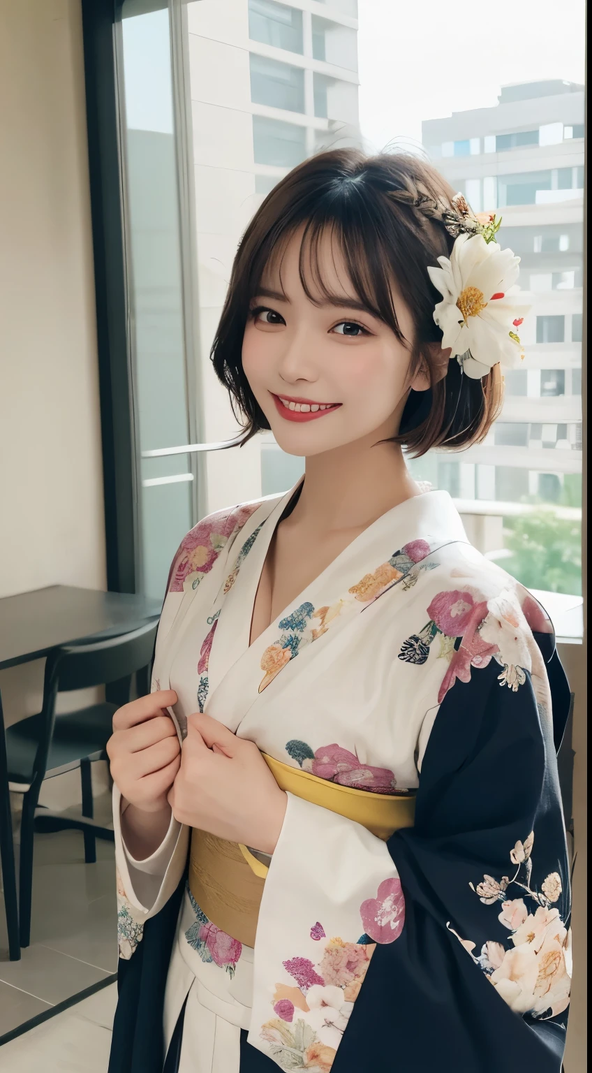 Tabletop, highest quality, figure, Very detailed, In detail, High resolution, 8k wallpaper, Perfect dynamic composition, Beautiful fine details,Medium Hair, Center of chest, Natural color lip, Random sexy poses,smile,Tower apartment,kimono,Flower Hair Ornaments,whole body,smile,